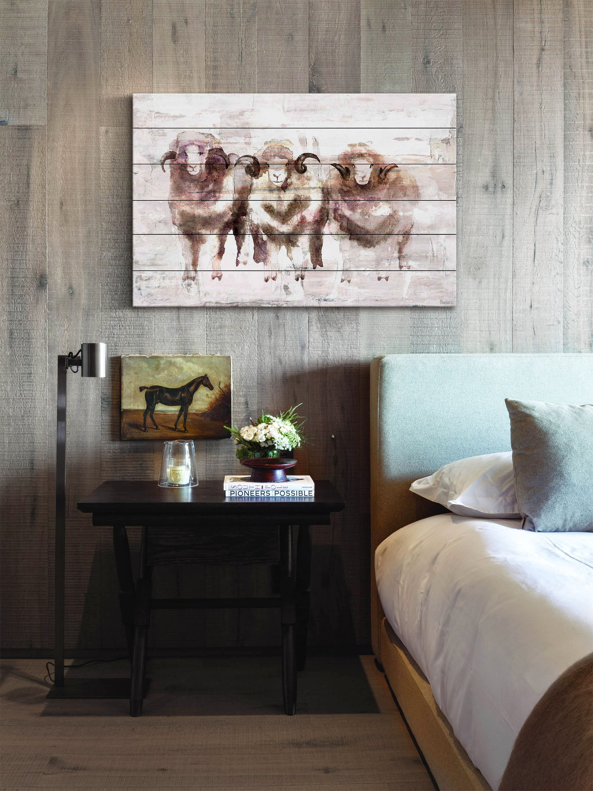 "Three Rams" Painting Print on White Wood