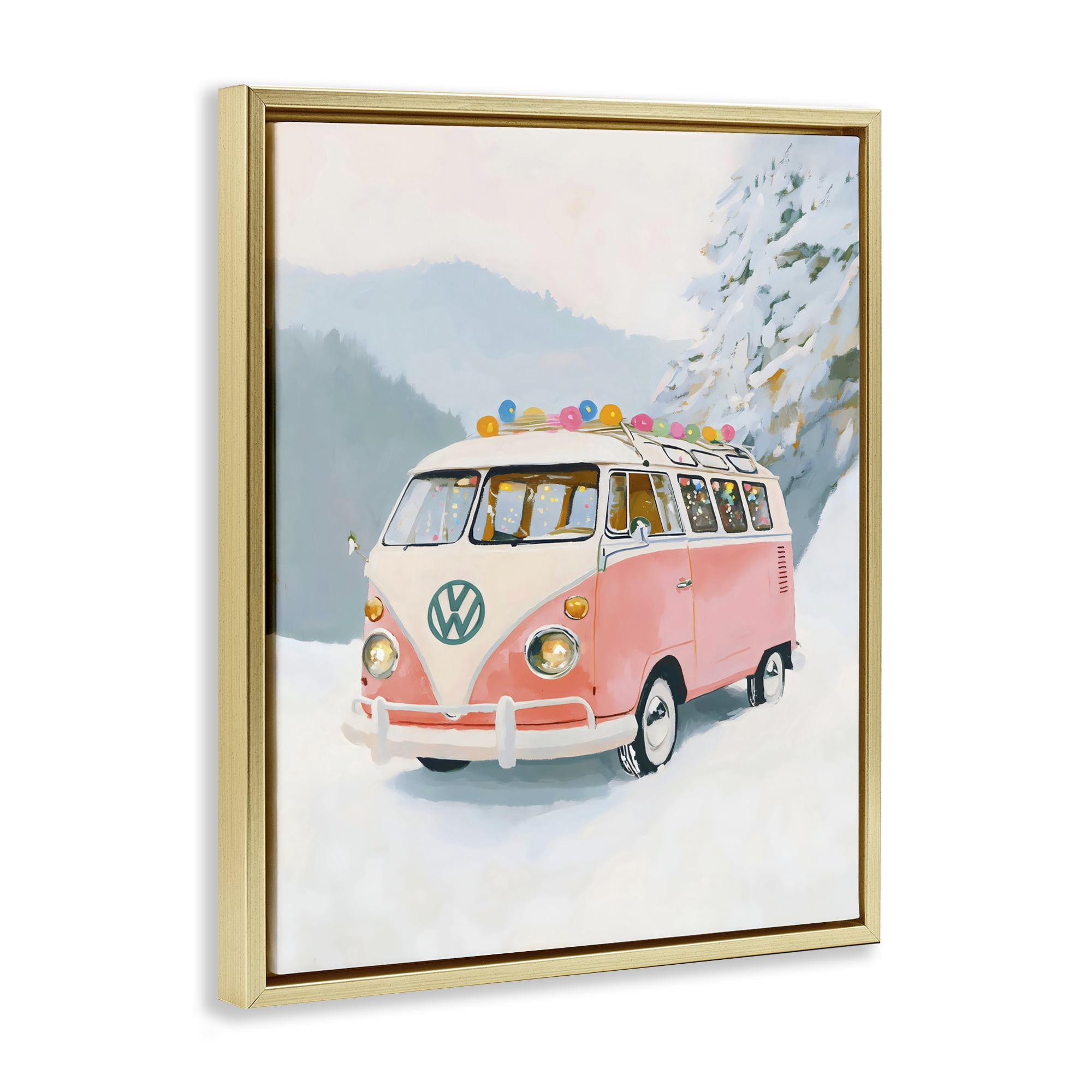 Stupell Industries Pink Christmas Van in Snow Gold Framed Floater Canvas Wall Art, design by The Prints Vibe
