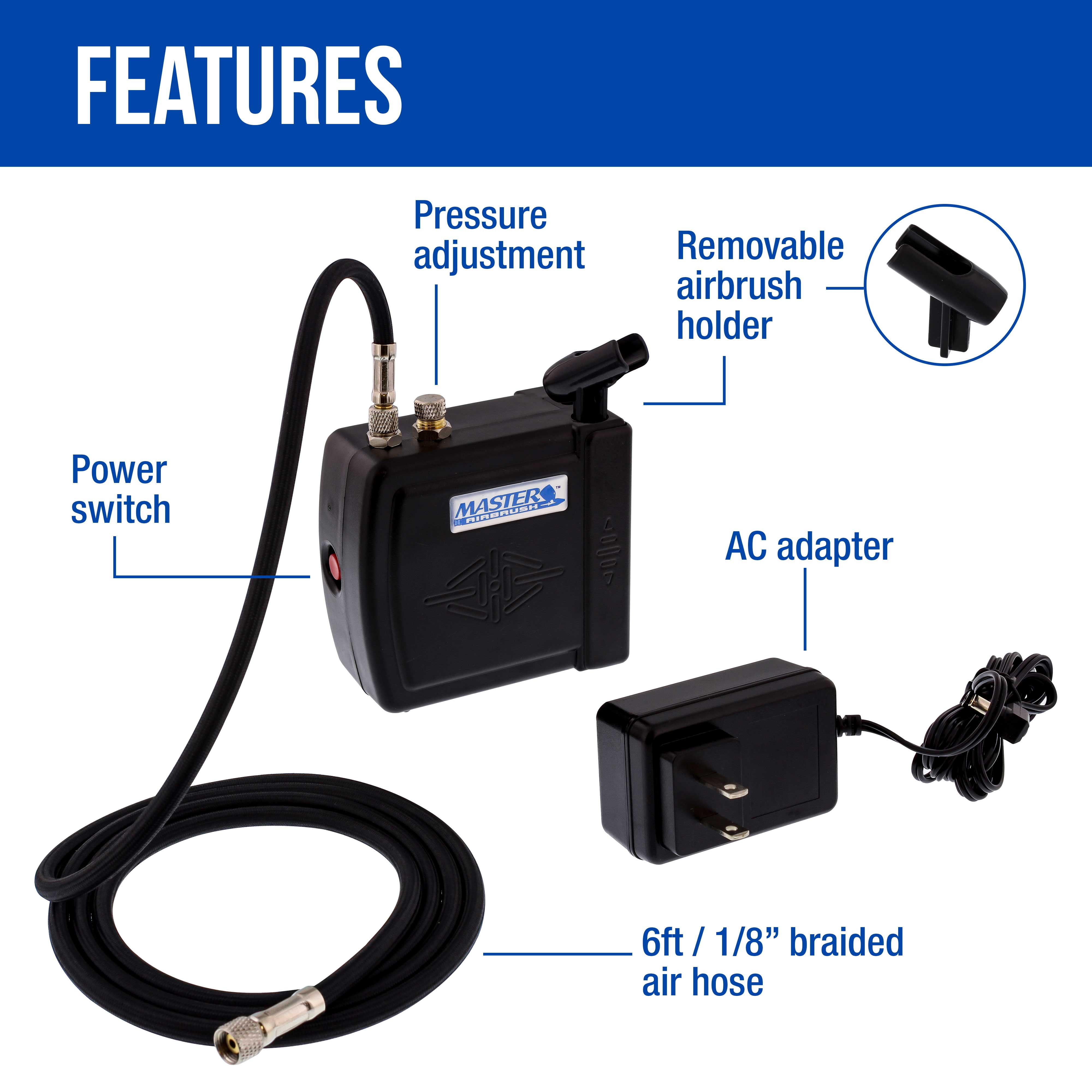 Master Airbrush MINI AIR COMPRESSOR KIT SET Hose Holder Hobby Cake Tattoo Nail