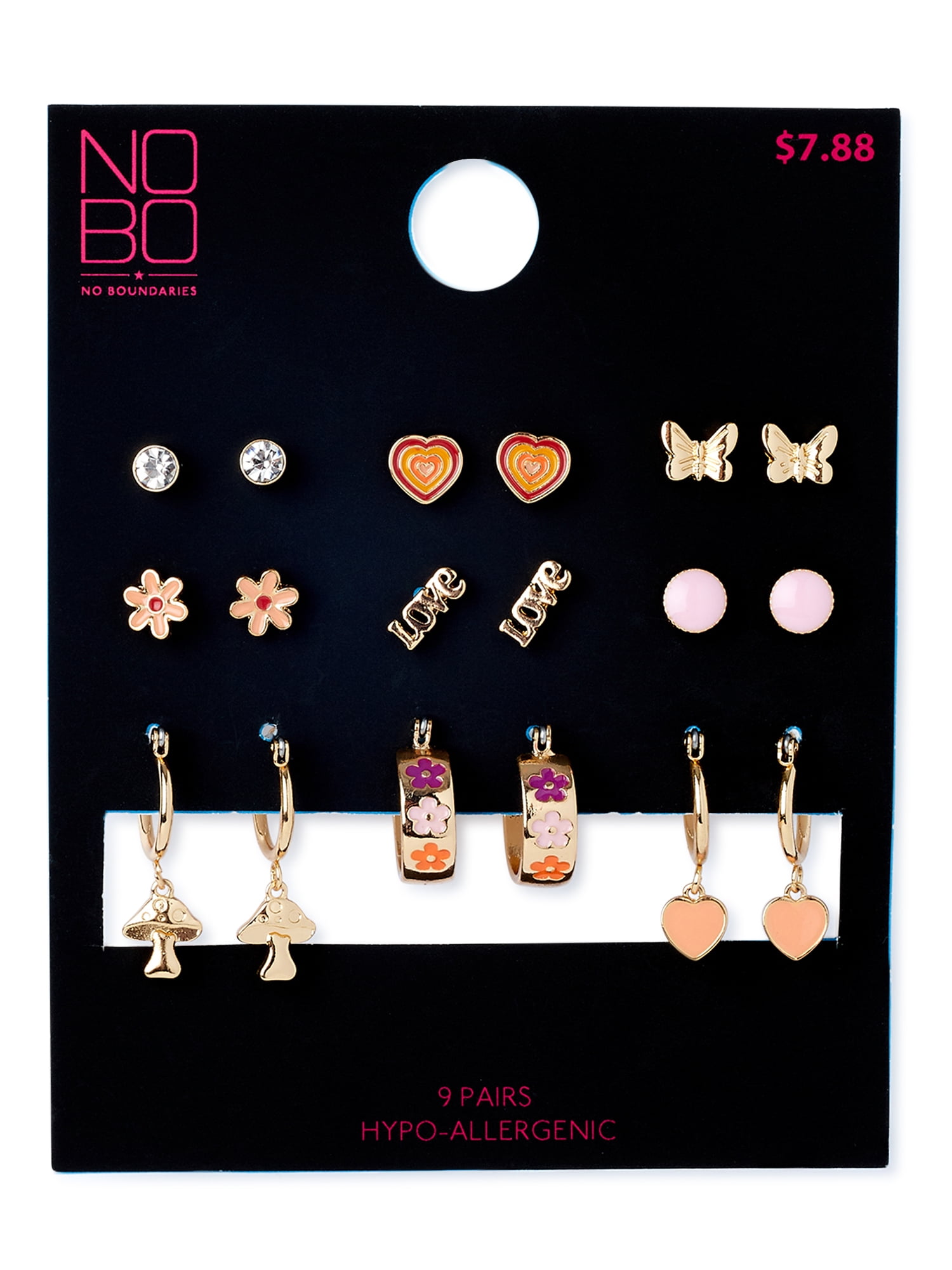 No Boundaries Love and Flowers Stud and Dangle Earrings, 9-Pack