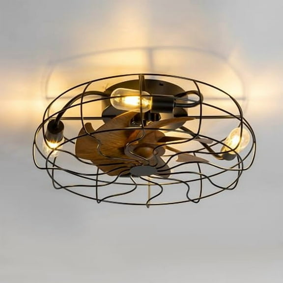 19" Black Caged Ceiling Fans with Lights and Remote, Low Profile Flush Mount Enclosed Ceiling Fan, Modern Bladeless Ceiling Fan with Light for Bedroom, 7 Reversible Blades