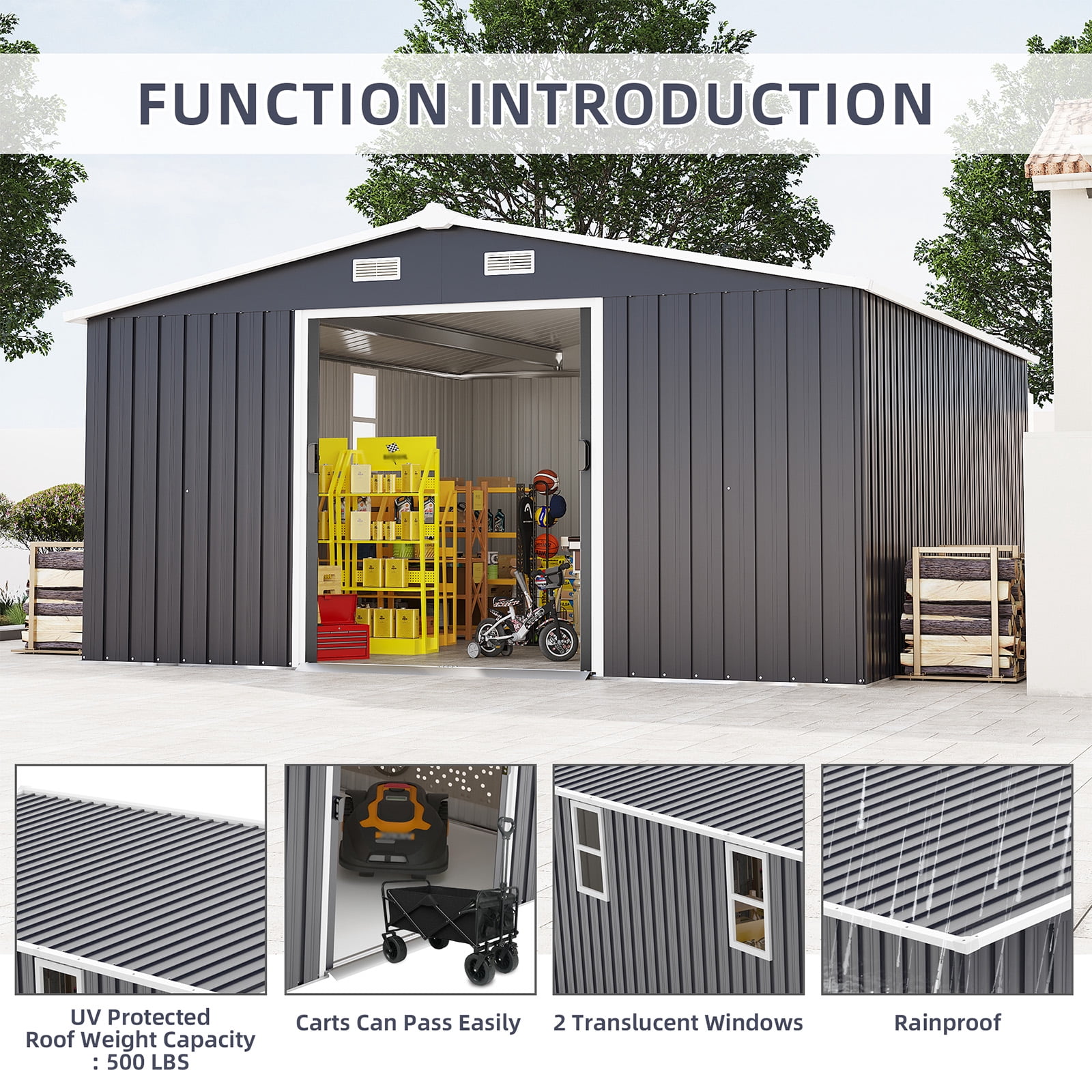 Outdoor Storage Shed, 12x10 FT Large Backyard Sheds, Utility Metal Tool Storage with Updated Frame Structure, Outdoor Storage Building, Garden Shed for Backyard, Lawn, Patio (Dark Gray)