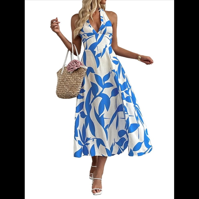 Vestidos Halter para Mujer 2025, Vestidos Florales Midi, Casuales, Sueltos, con Cuello en V, Vestido Estilo Camiseta, Vestido de Tirantes Tipo A. Azul L