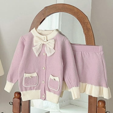 YWDJ Girls Fall Clothing New Bow Childrens Suit Girls Knitted Cardigan Two-piece Set Purple 2Y