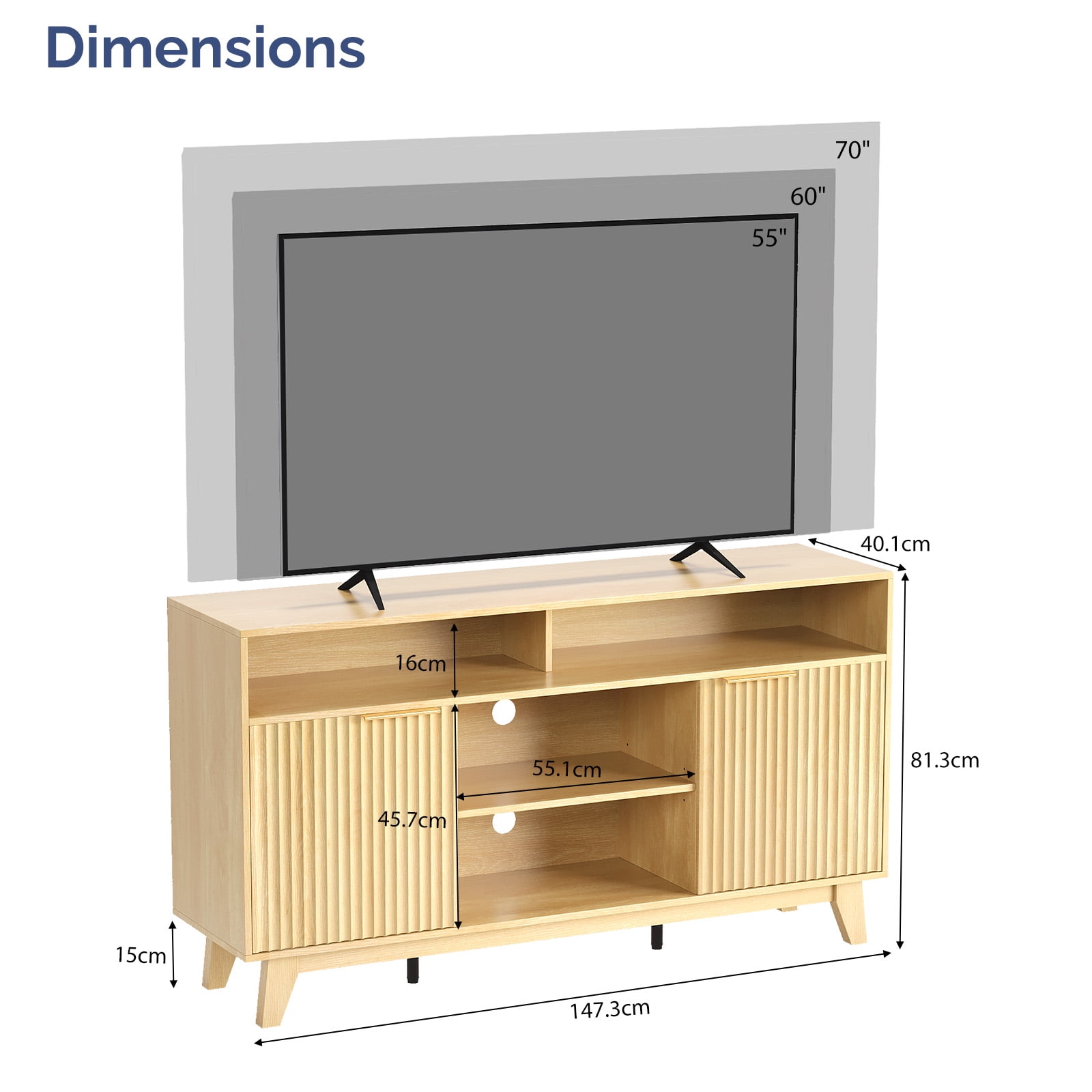 Ktaxon Modern Fluted TV Stand for 55/60/65" TVs, Wood Entertainment Center with 2 Doors and 4 Open Shelves Storage for Living Room, Home, Light Walnut