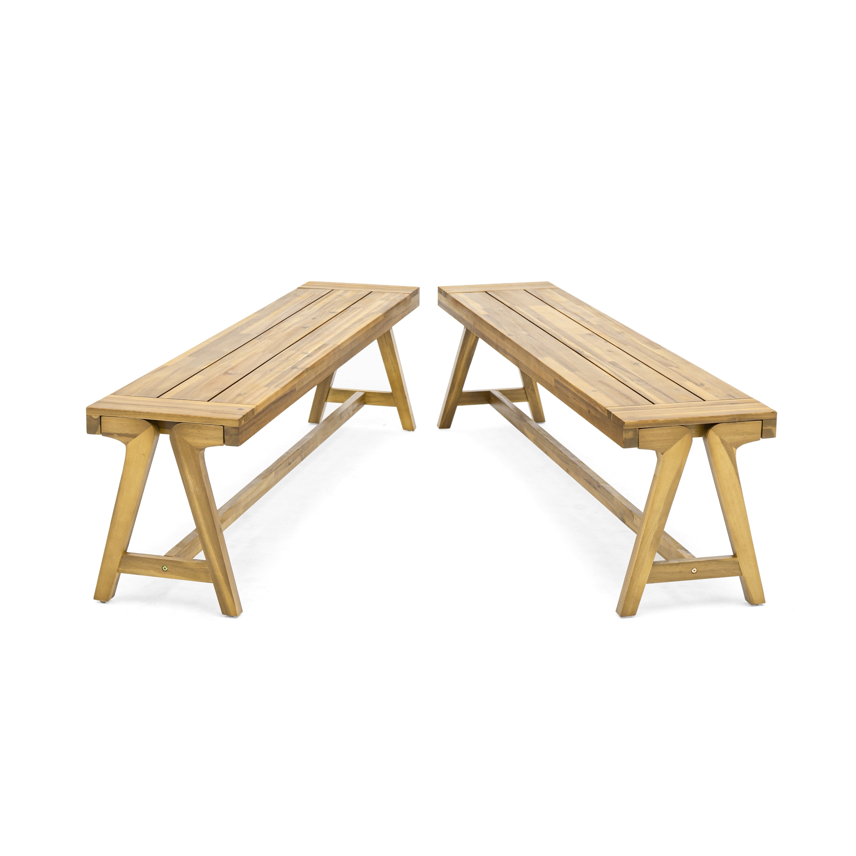 Dining Benches Set of 2, Outdoor Acacia Wood Patio Bench for Garden Deck, Teak