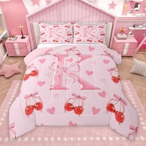 Manfei Kawaii Pink Letter K Bedding Comforter Set, Cartoon Princess Ribbon Twin Comforter Sets, Cherry Love Heart Reversible Bedding Set, Breathable Home Decor, 2pcs