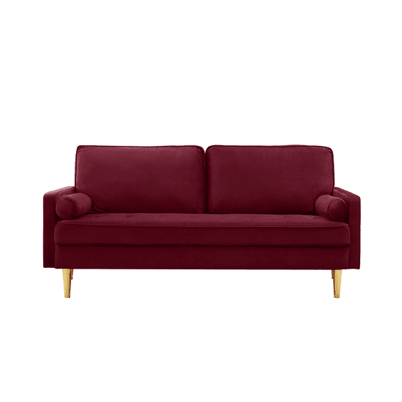 65-inch minimalist velvet sofa with metallic-coloured legs, complete with cushions, suitable for the living room or bedroom.