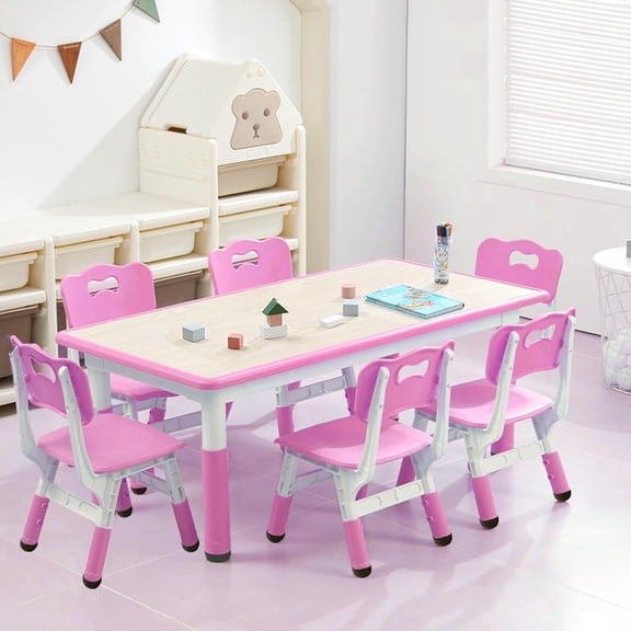Kids Study Table and 6 Chairs Set, Height Adjustable Toddler Table and Chairs Set for Ages 2-10, Non-Slip Legs, Graffiti Desktop, Max 300lbs Children Activity Table for Daycare Classroom Home, Pink