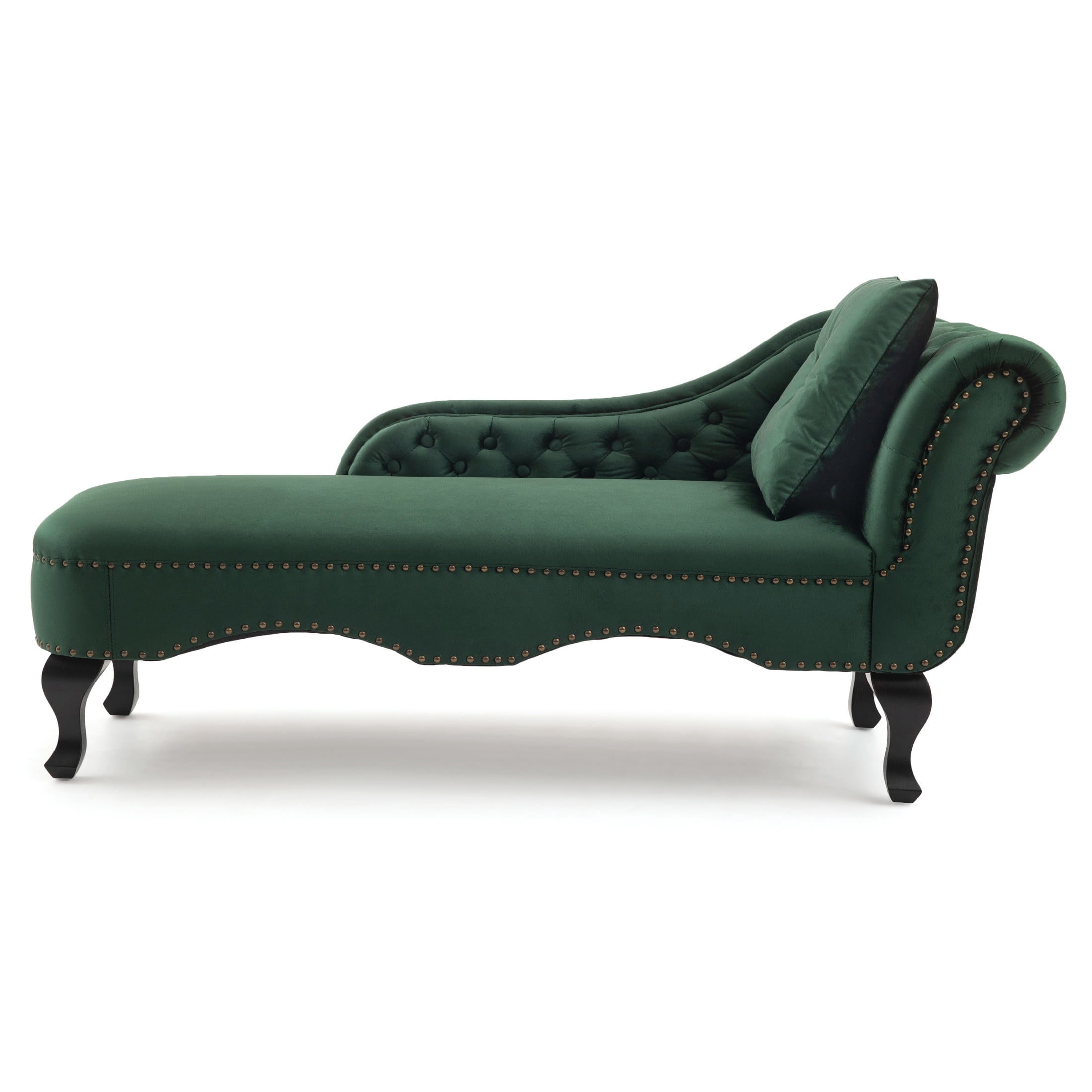 Christopher Knight Home 62" Luxury Velvet Chaise Lounge Bench with Pillow, Right Scrolled Backrest & Nailhead Trim, Green