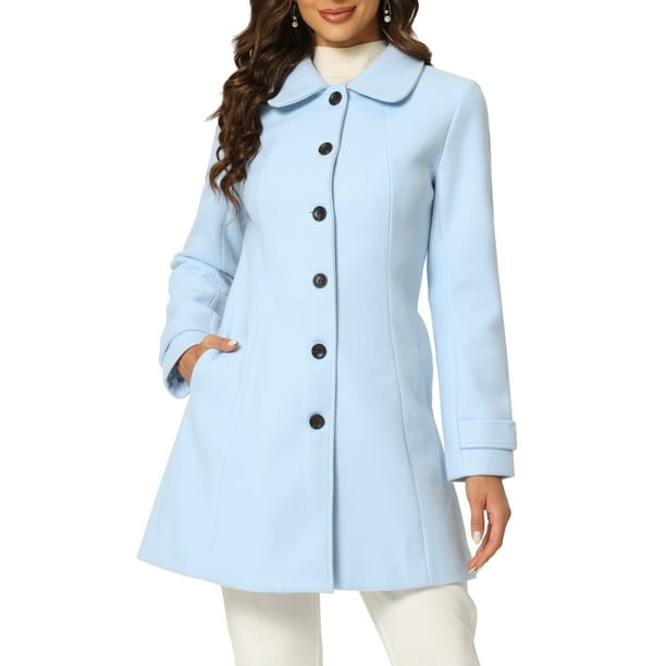 Abrigo de invierno de una sola botonera con cuello Peter Pan para mujer Inspire Chic, tamaño M, azul claro