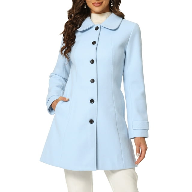 INSPIRE CHIC Manteau Long d'Hiver pour Femme à Col Peter Pan, à Simple Boutonnage, Uni, Bleu Pâle, TP