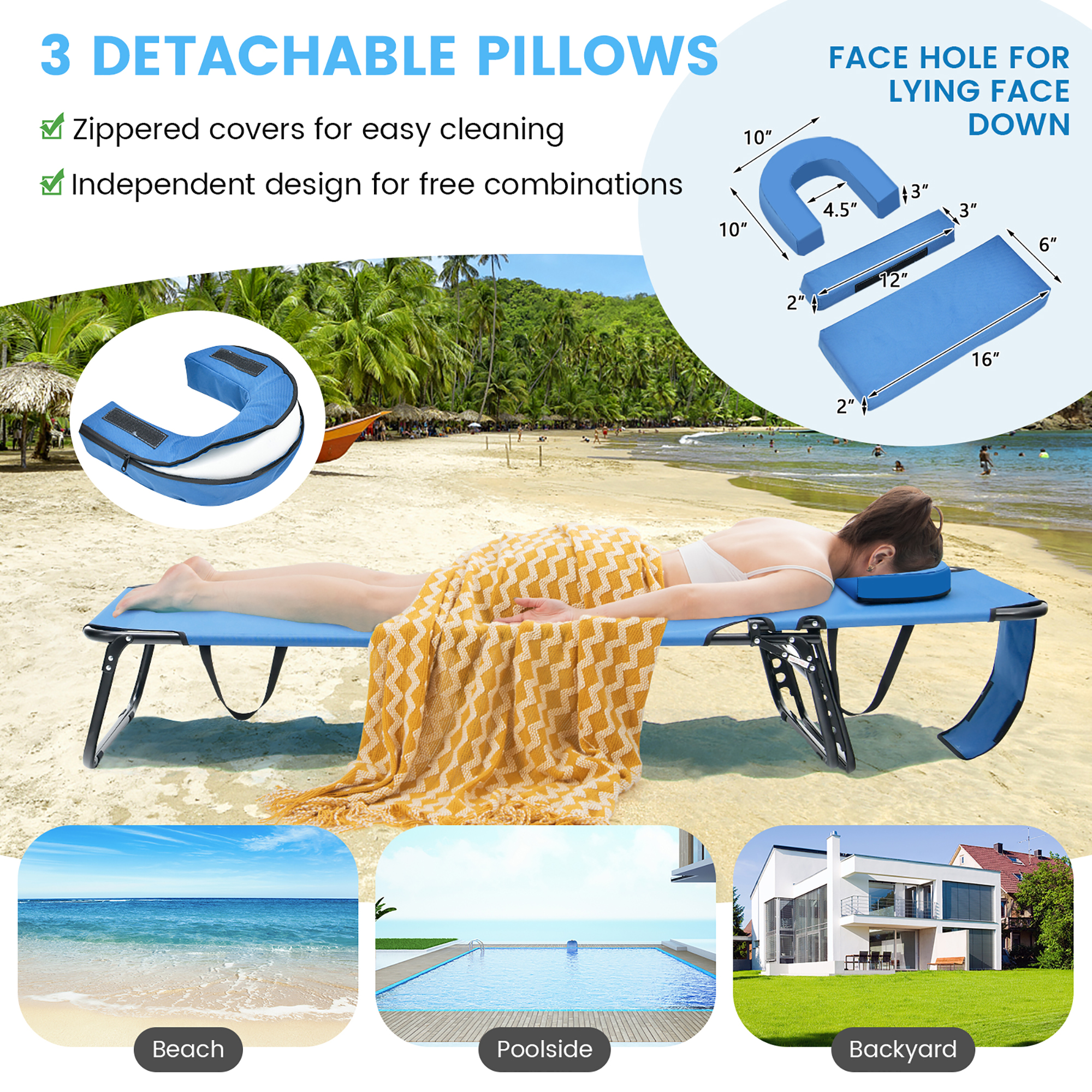 Costway Beach Chaise Lounge Chair with Face Hole Pillows & 5-Position Adjustable Backrest Blue - image 4 of 10