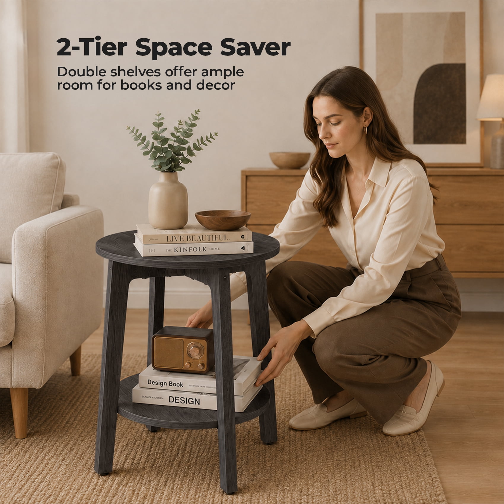 Alvantor Side Table, 2-Tier Small Round End Table, Nightstand with Tapered Legs, Curved Transitions, for Small Spaces, Living Room, Bedroom
