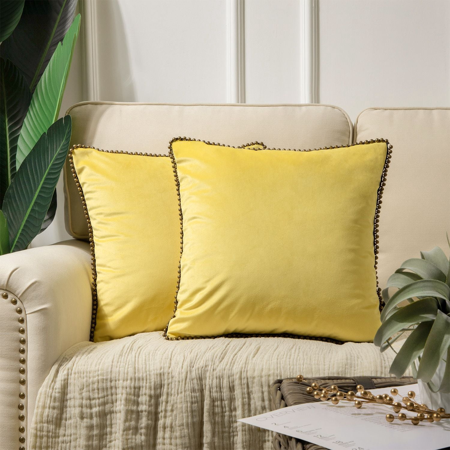 Phantoscope Velvet Decorative Throw Pillows with Inserts, Particle Trim, 18 x 18 in, Yellow, 2 Pack