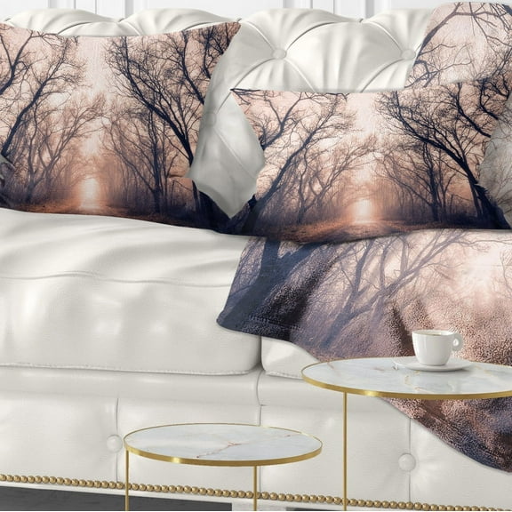 Designart Road Through Mystical Dark Forest - Landscape Photography Throw Pillow - 12x20