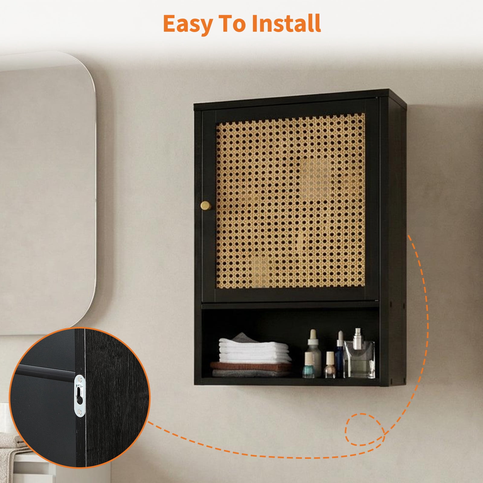 Garvee Bathroom Wall Cabinet, Bamboo Over-The-Toilet Storage Organizer with Rattan Doors and Adjustable Shelf, Space Saver Medicine Cabinet for Laundry, Kitchen, Living Room and Home Office Black