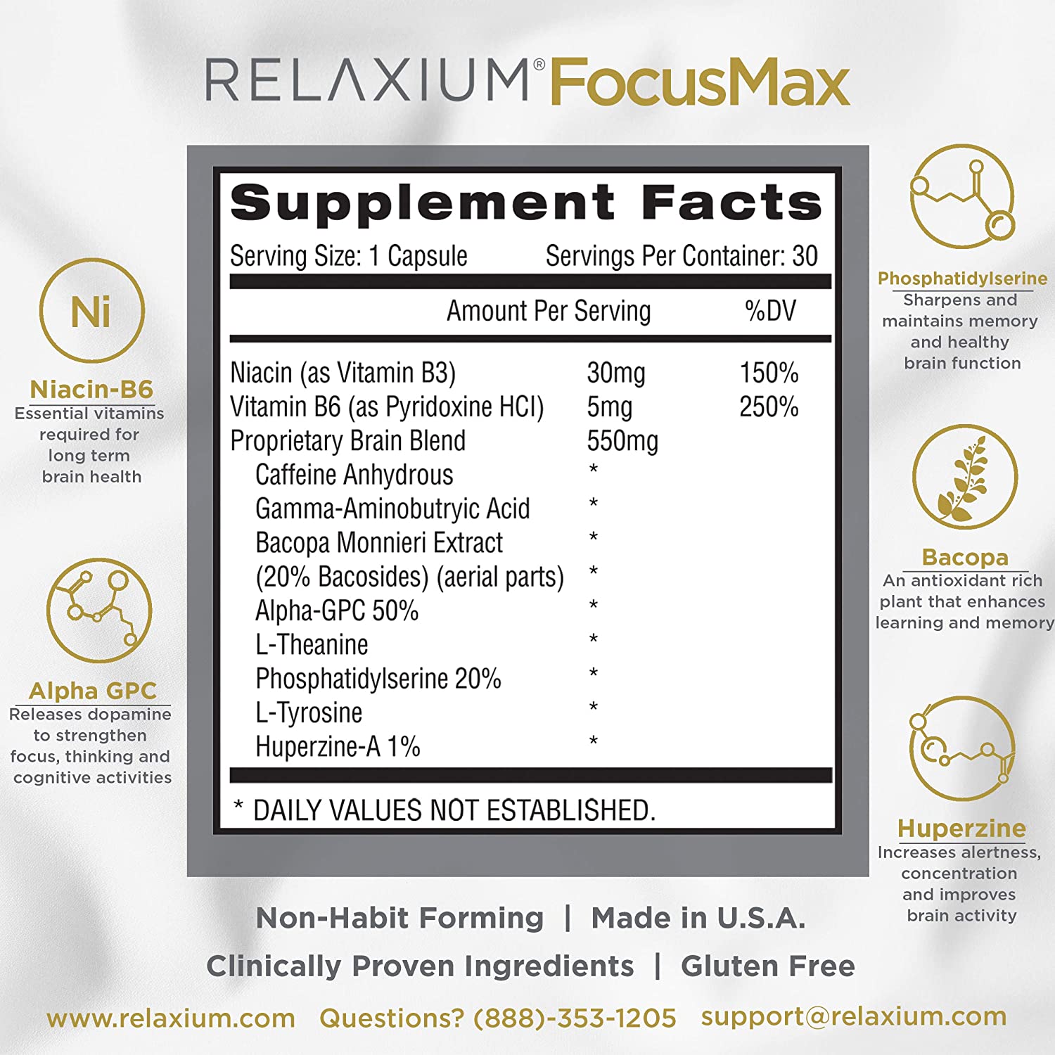 Relaxium FocusMax | Brain & Focus Health Supplement | Clinically Proven Concentration, Focus, Memory, and Nootropics Booster with All-Natural Ingredients (30 Capsules, 30 Day Supply)