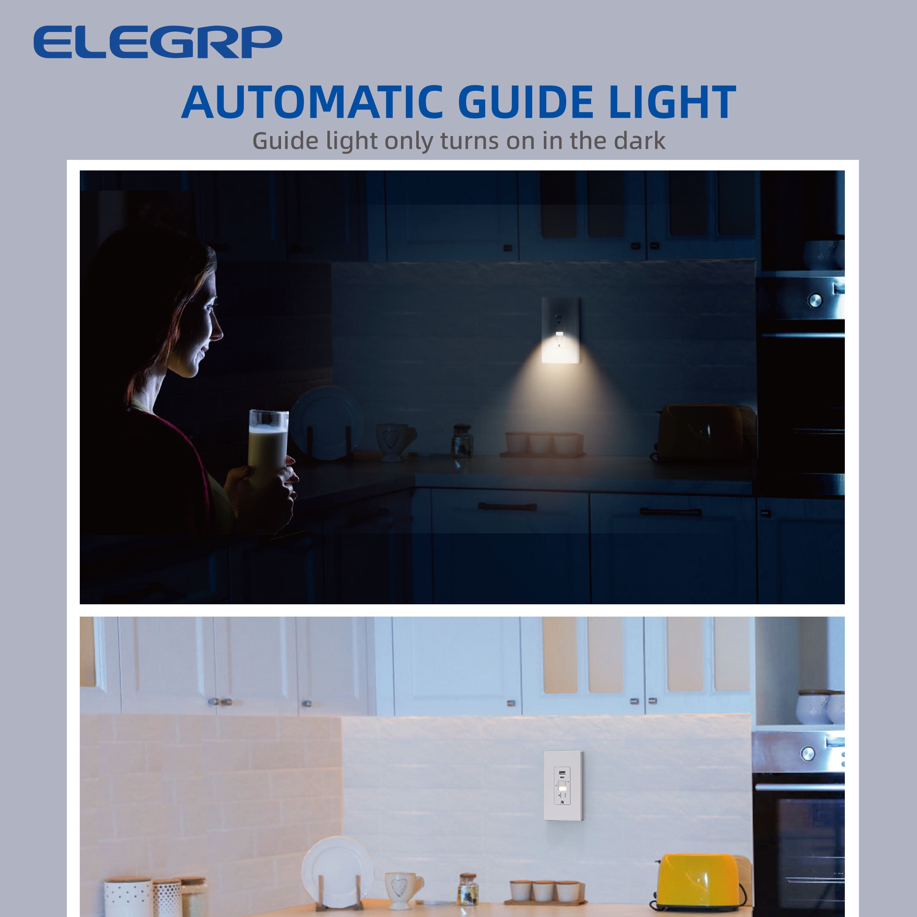 ELEGRP 20 Amp Tamper Resistant Self-Test GFCI Outlet with Night Light & 24W In-Wall USB Charger combo Receptacle, Type A & Type C, Midsize Screwless Wall Plate included, UL & CUL Listed, White, 1 pack