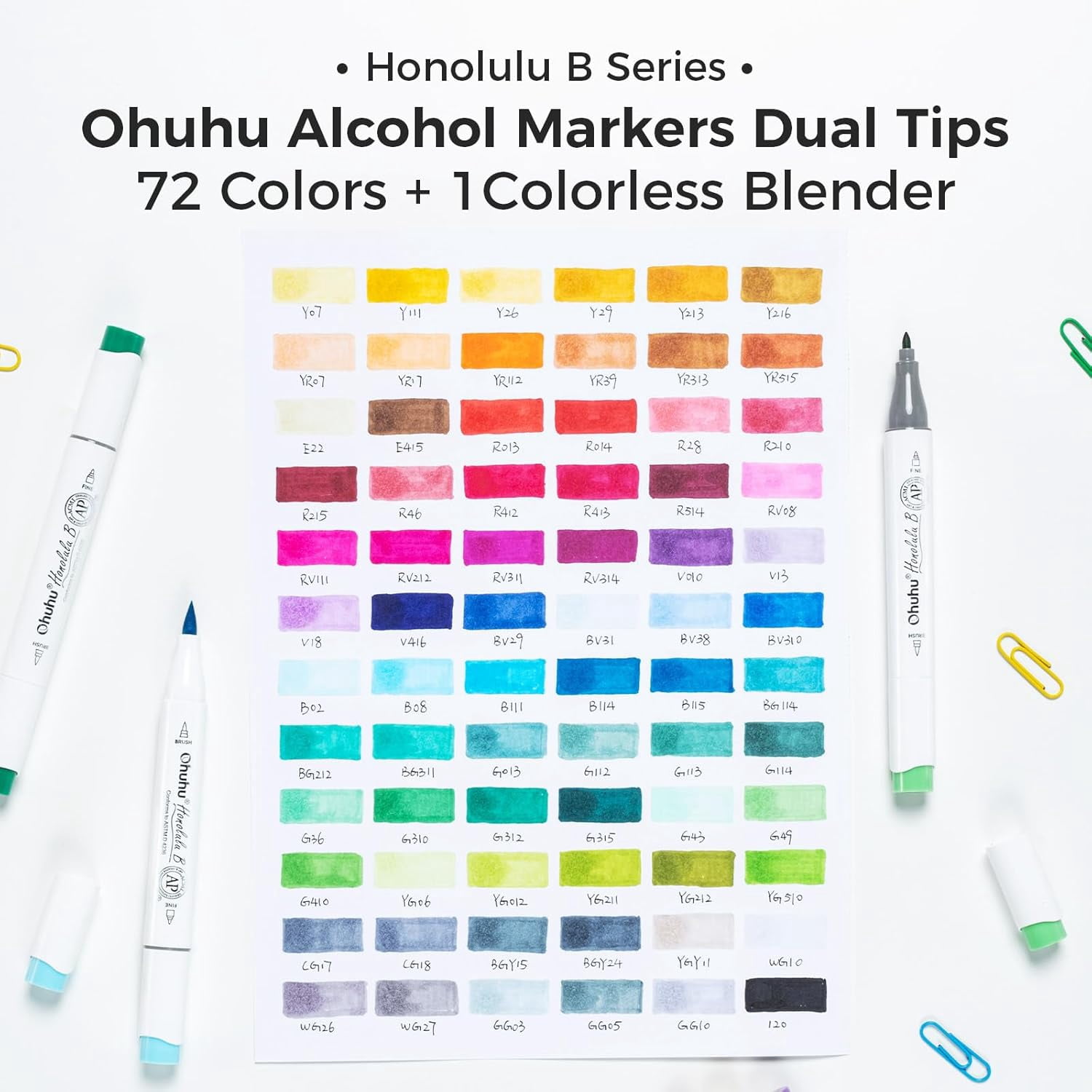 Ohuhu 72 Colors Brush-and-Fine Dual Tips Colors Alcohol-Based Markers with 1 Colorless Blender-Unique Packaging