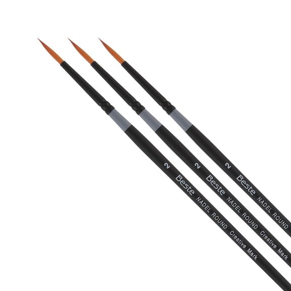 Creative Mark Beste Golden Taklon Nadel Round #2 - 3 Pack Artist Brush, Professional Watercolor Brushes, For Acrylic Painting, Short Handle, Sharp Edges, Hand-Tied & Shaped
