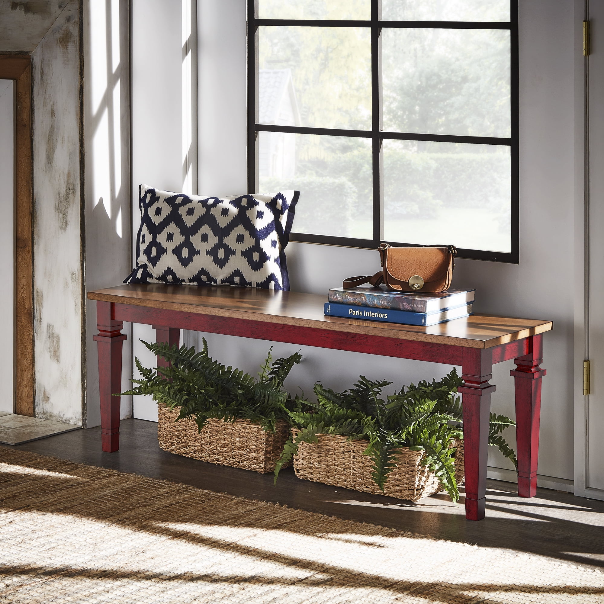 Weston Home Farmhouse Solid Wood Oak Top Dining Bench, Antique Berry