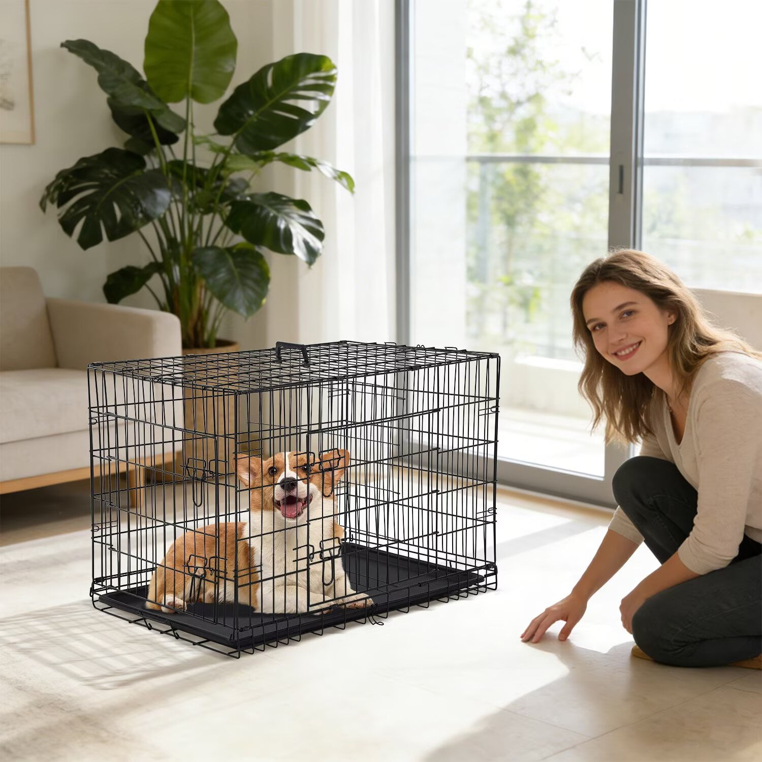 CL.HPAHKL Small Dog Crate, 24 inch Folding Metal Wire Dog Cage with Plastic Leak-Proof Pan Tray, Puppy Crate Pet Kennel for Small Dog Indoor Outdoor Travel, Black
