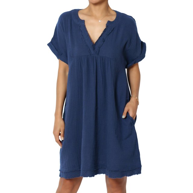 Robe Mini Babydoll en Gaze de Coton à Manches Courtes Col en V Décontractée pour Femmes