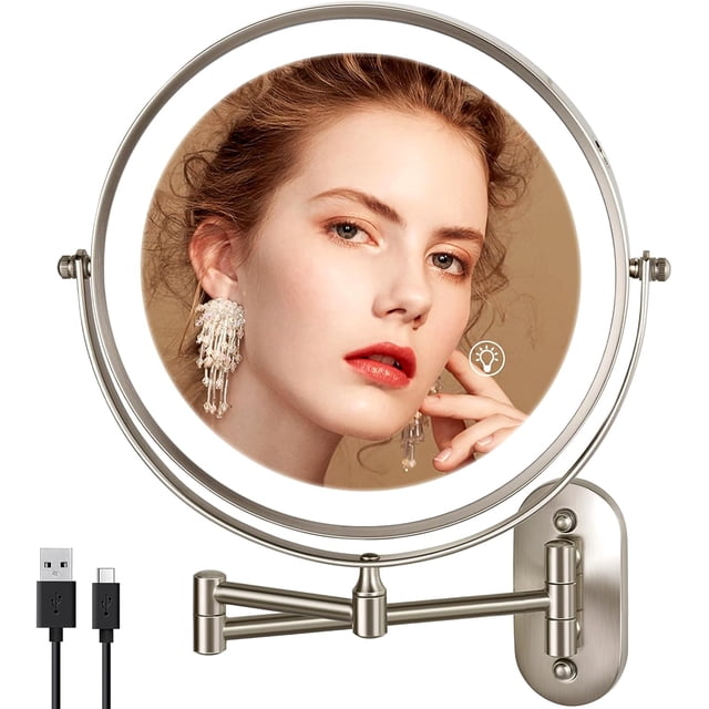 Rechargeable Wall Mounted Lighted Makeup Mirror DoubleSided /x Magnifying Mirror with Color Lights Vanity Mirror with DualTouch & Luminance Memory (Nickel)
