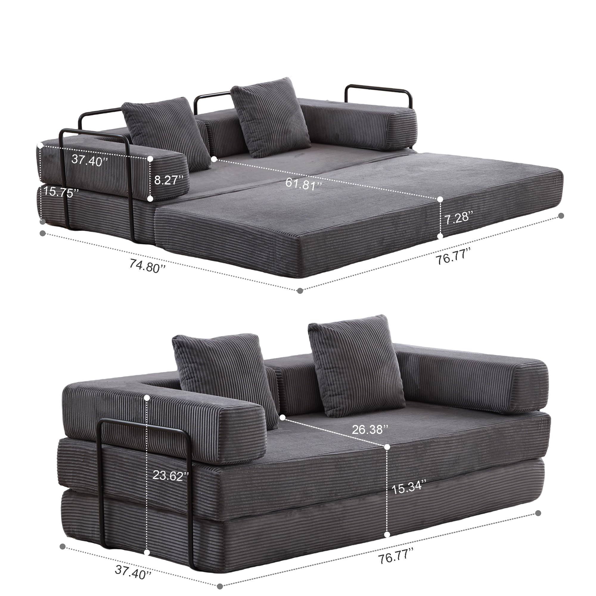Convertible Sofa Bed, 78 Inch Oversized Corduroy Boneless Couch, Floor Mattress Sleeper Sofa Couch with Pull Out Bed for Living Room, Bedroom, Grey