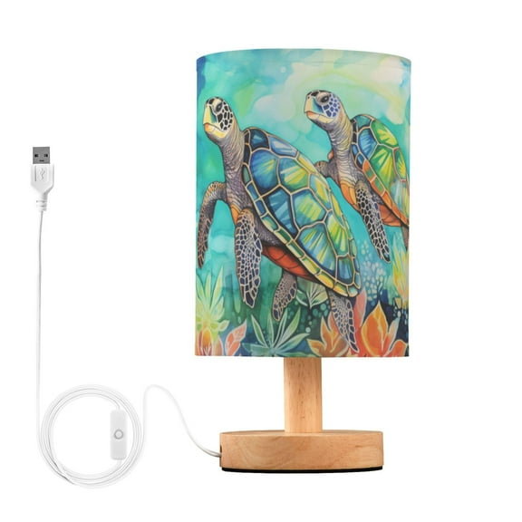 Sea Turtles in Ocean Bedside Table Lamp LED Warm Lights with USB Charging Port Retro Cylinder Desk Lamps