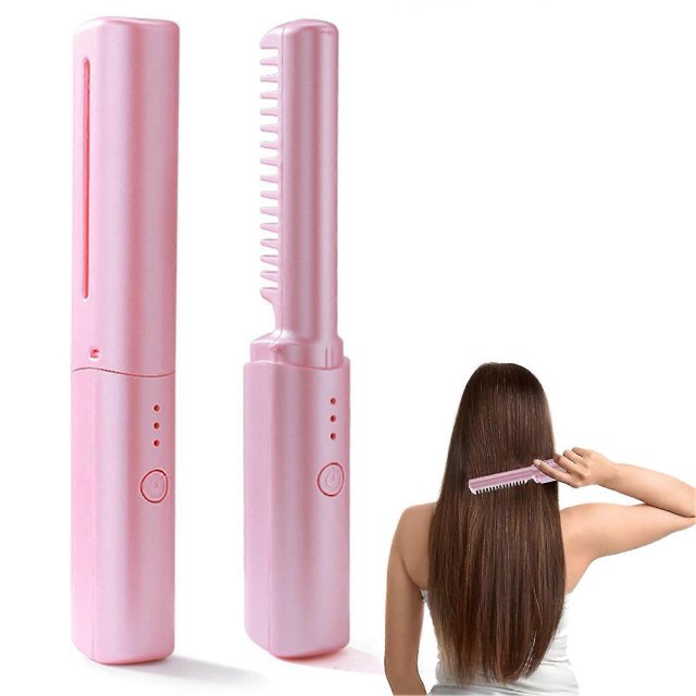 Mini Cordless Hair Straightener, 2 In 2 Rechargeable Hair Straightener Brush And Curler, Portable Travel Straightener Styling Comb (pink) Banmo
