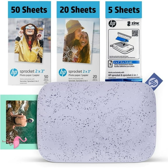 HP Sprocket 2x3" Instant Smartphone Photo Printer 75 Sheets Bundle, Wireless Portable Printer - Purple