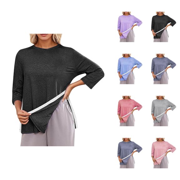 Post Shoulder Surgery Shirts for Women 3/4 Sleeve Tear Away Side Slit Crewneck Chemo Port Adaptive Clothing