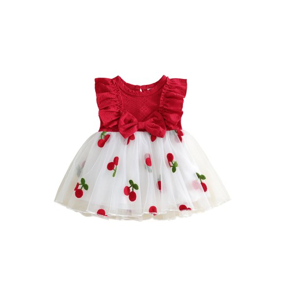 RUINIXCW Newborn Baby Girl Summer Cherry Tulle Dress Cake Smash Outfit Baby Girls Photoshoot Outfits Cherry Embroidered Bow Ruffled Trim Flying Sleeve Princess Tutu Dress