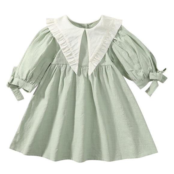 Odeerbi Niñas Manga Larga Línea Vestido Primavera Verano Ruffle Princesa Vestido Color Sólido Dulce Cuello Redondo Manga Farol Vestido