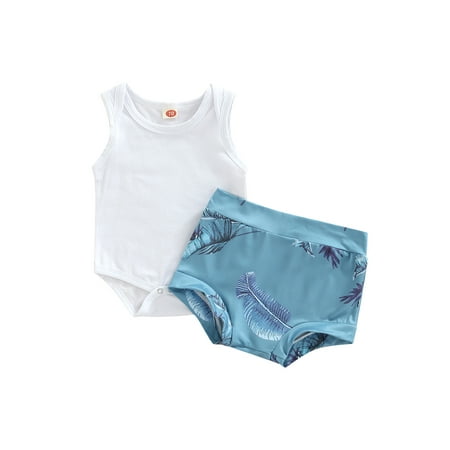 

Canrulo Summer Solid Infant Baby Girls Outfit Sleeveless Bodysuit Jumpsuit + Feathers Printing Shorts Clothes White 3-6 Months