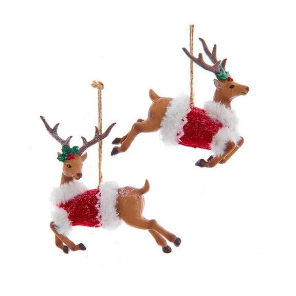 Set of 2 LEAPING DEER IN SWEATERS Christmas Ornaments, by Kurt Adler