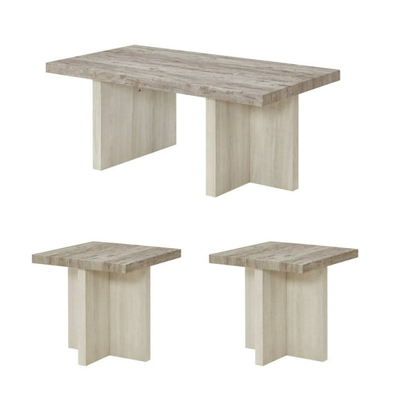 Roundhill Furniture 3-Piece Coffee Table Set, Coffee Table, Two End Tables, Weathered Gray and Beige
