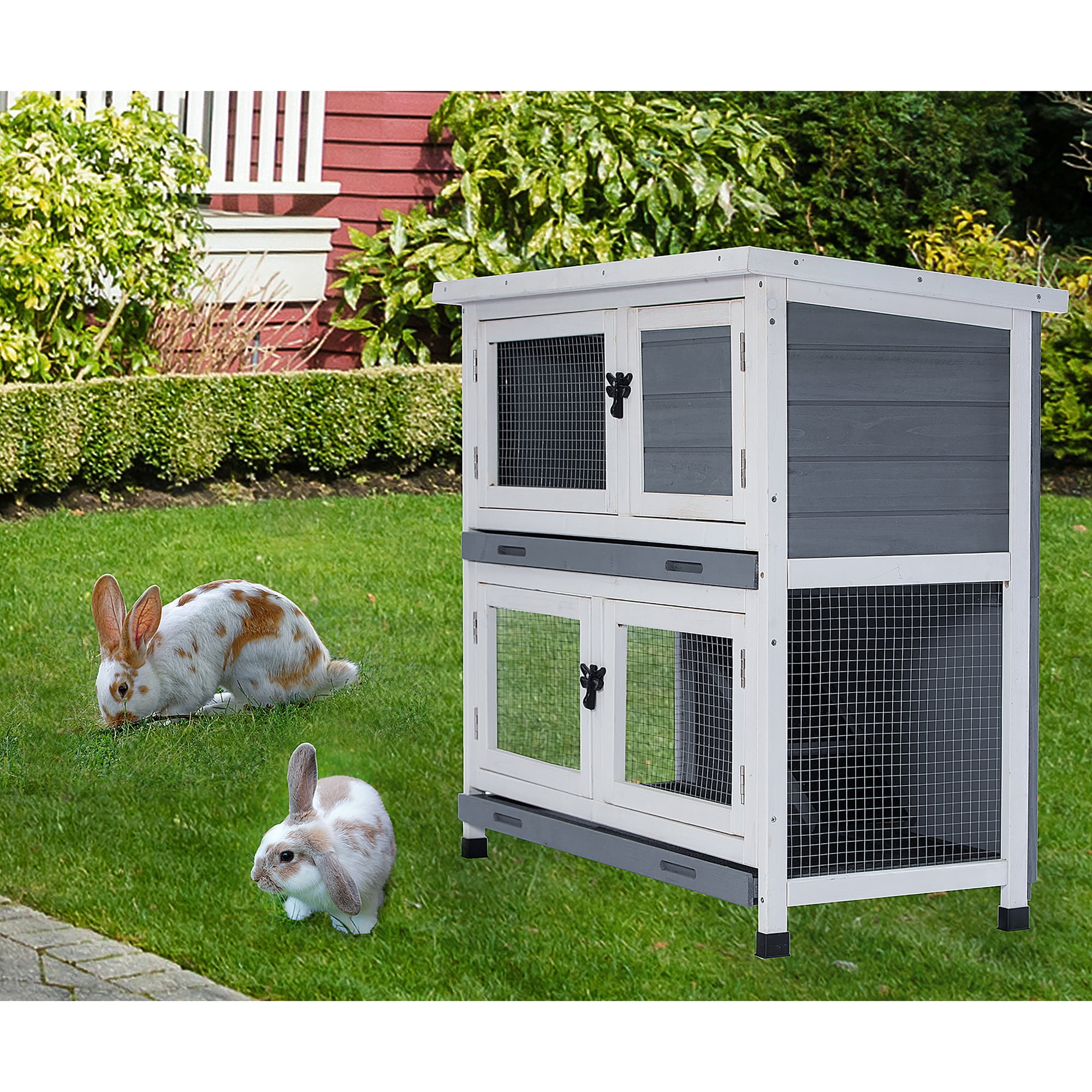 Rabbit Hutch Indoor & Outdoor Use, Two-Tier Animal Hutch with Flip-up Roof