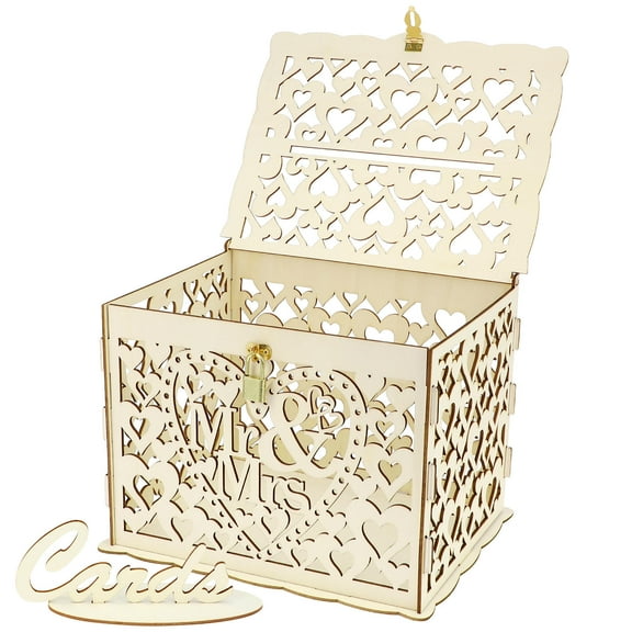 OUNONA Wooden Wedding Card Box with Lock and Key, Hollow-out Pattern Storage Box, Wedding Holder and Party Decoration