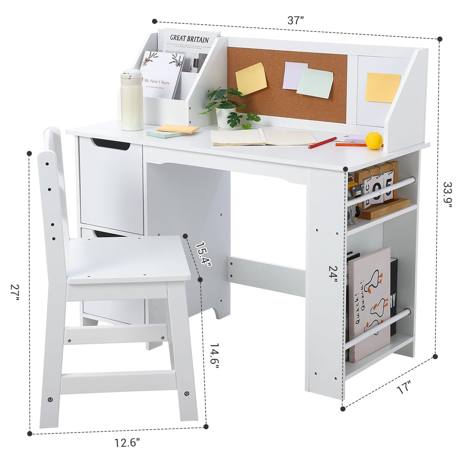 Roromall Kids Study Desk and Chair Set, Wooden Learning Table with Storage, Hutch and Bulletin Board, Children Computer Desk Set, Small Toddler Desk for Home, School, White