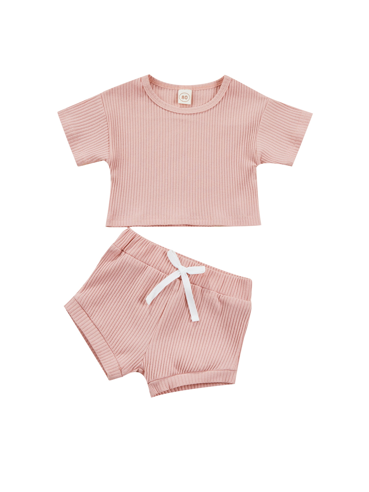 2pcs Baby Girl Solid Ribbed Short-sleeve Tee and Shorts Set