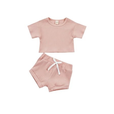 

Binpure Toddler Baby 2Pcs Summer Outfits Short Sleeve Solid Color Ribbed T-Shirts + Shorts Set