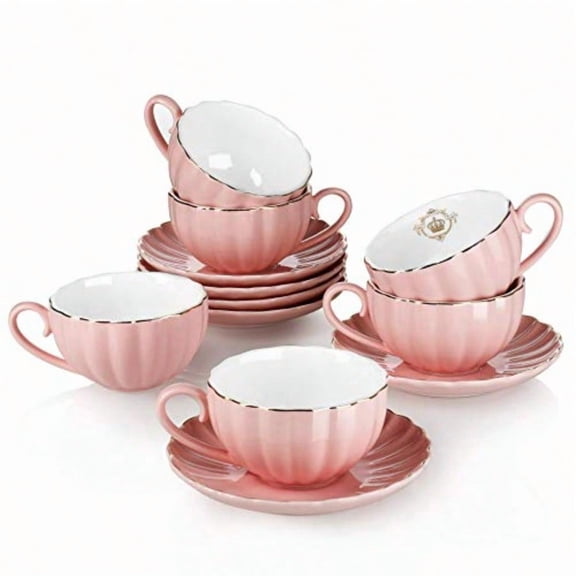 Royal Tea Cups and Saucers with Gold Trim and Gift Box British Coffee Cups Porcelain Tea Set Set of 6 8 oz - Pink