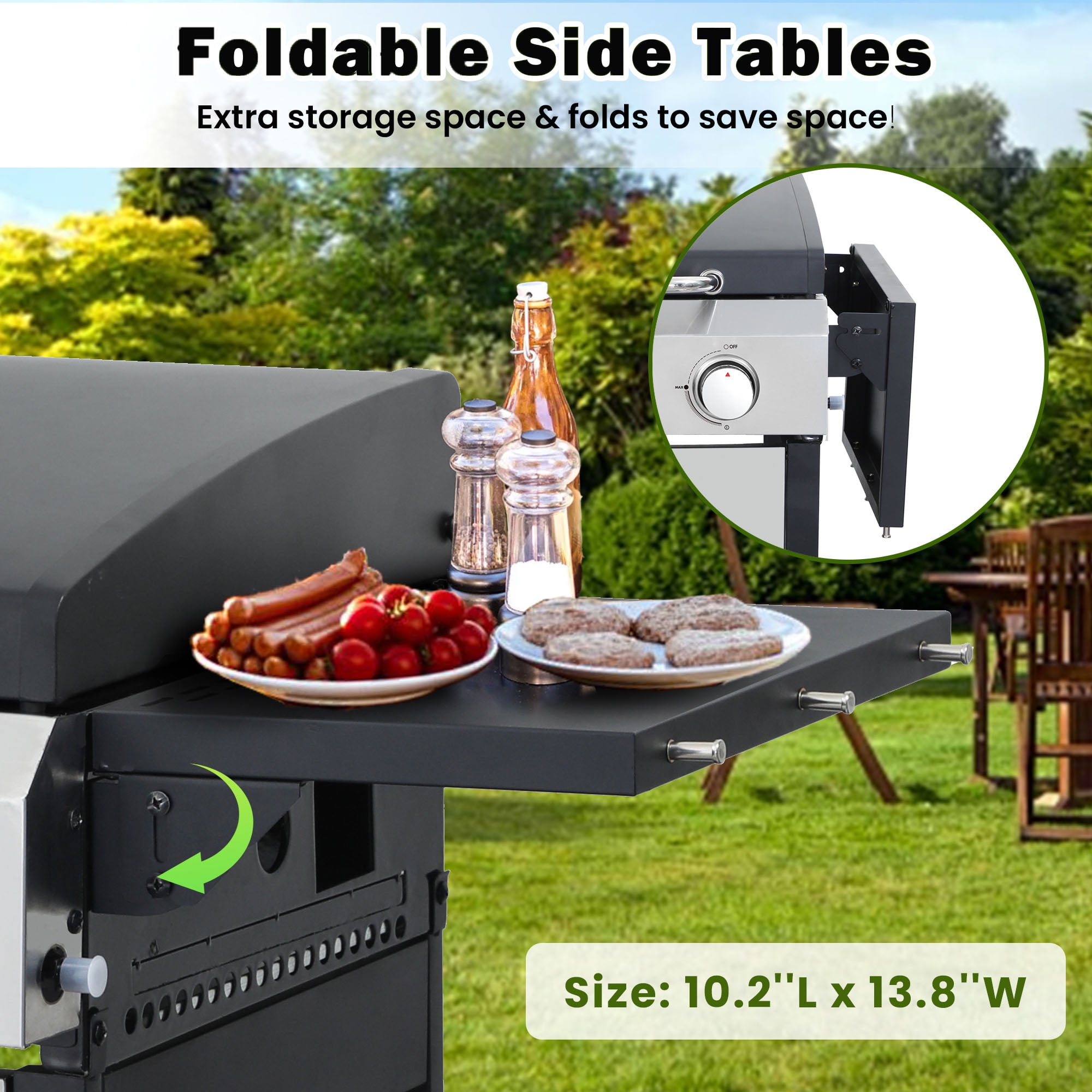 Upgraded Gas Grill W/Brush, 4-Burner Propane Grill Outdoor Barbecue w/Foldable Table & Hanging Basket, Portable Grill on Wheels, 36,000 BTU