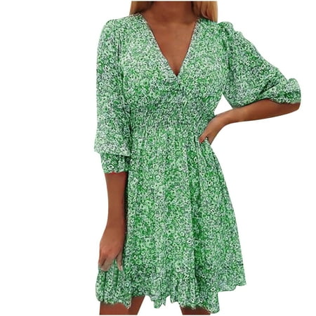

Floleo Women s Dress Clearance Fall Summer Fashion Summer Casual V-Neck Froral Print 3/4 Sleeve Loose