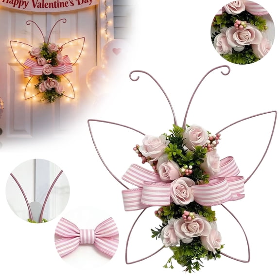 Butterfly Shaped Wreath with Pastel Berries and Floral Spring Artificial Wreaths for Front Door Decor(Pink)