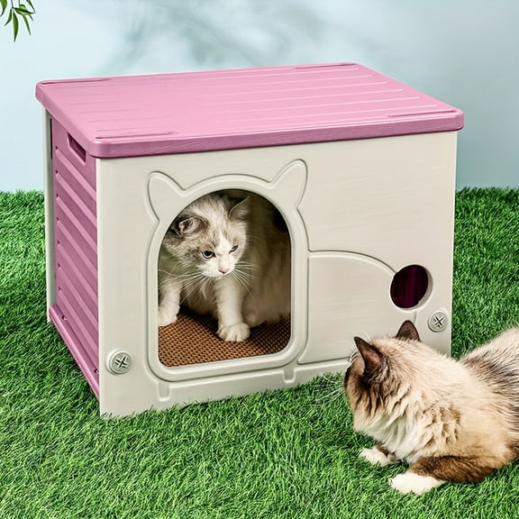 Plastic Cat House for Indoor Outdoor, Weatherproof Outside Cat House for Feral Cat, Stackable Cat Shelter with Plush Cushion