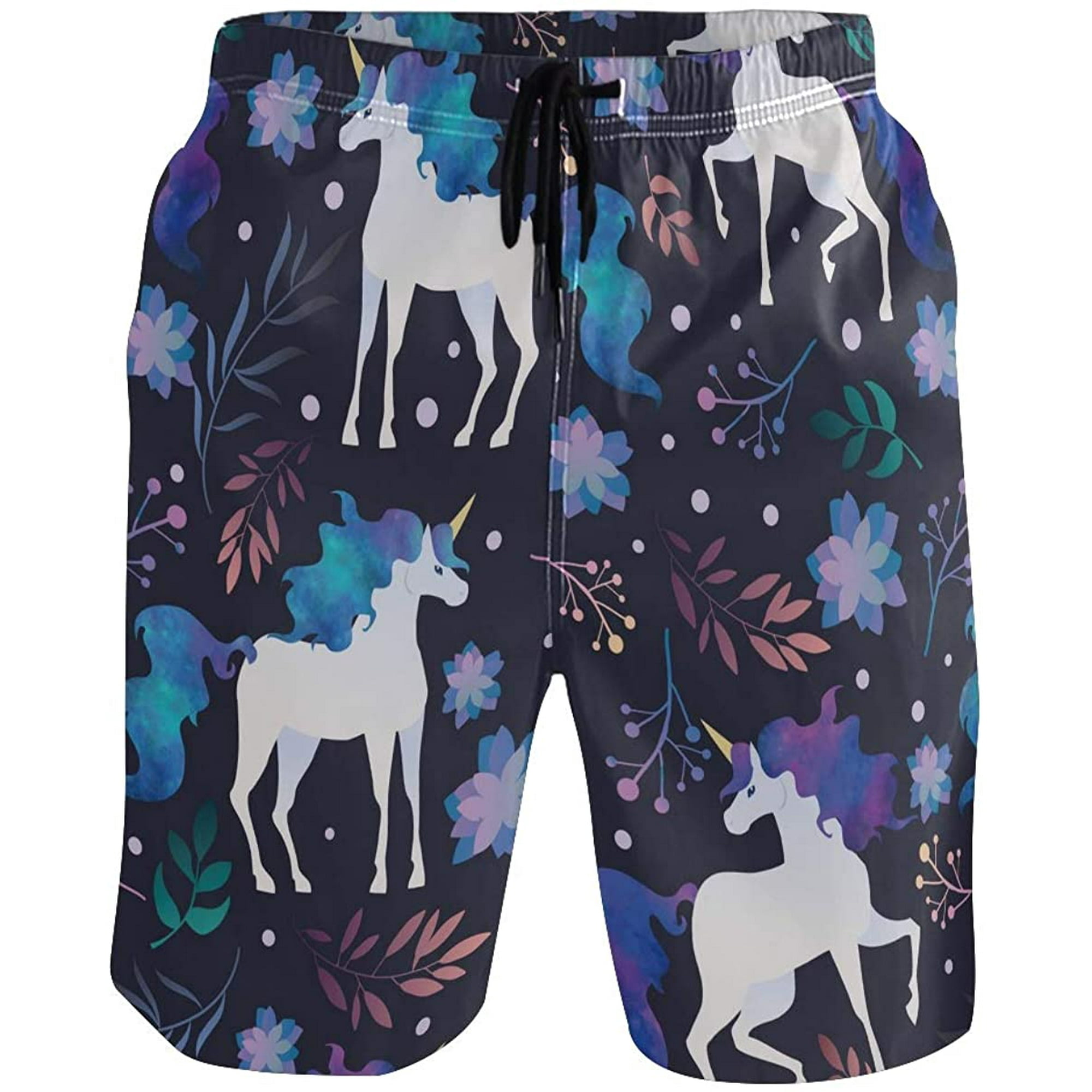 Mens Swim Trunks Watercolor Unicorn Horse Floral Plant Blue Purple Beach Board  Shorts